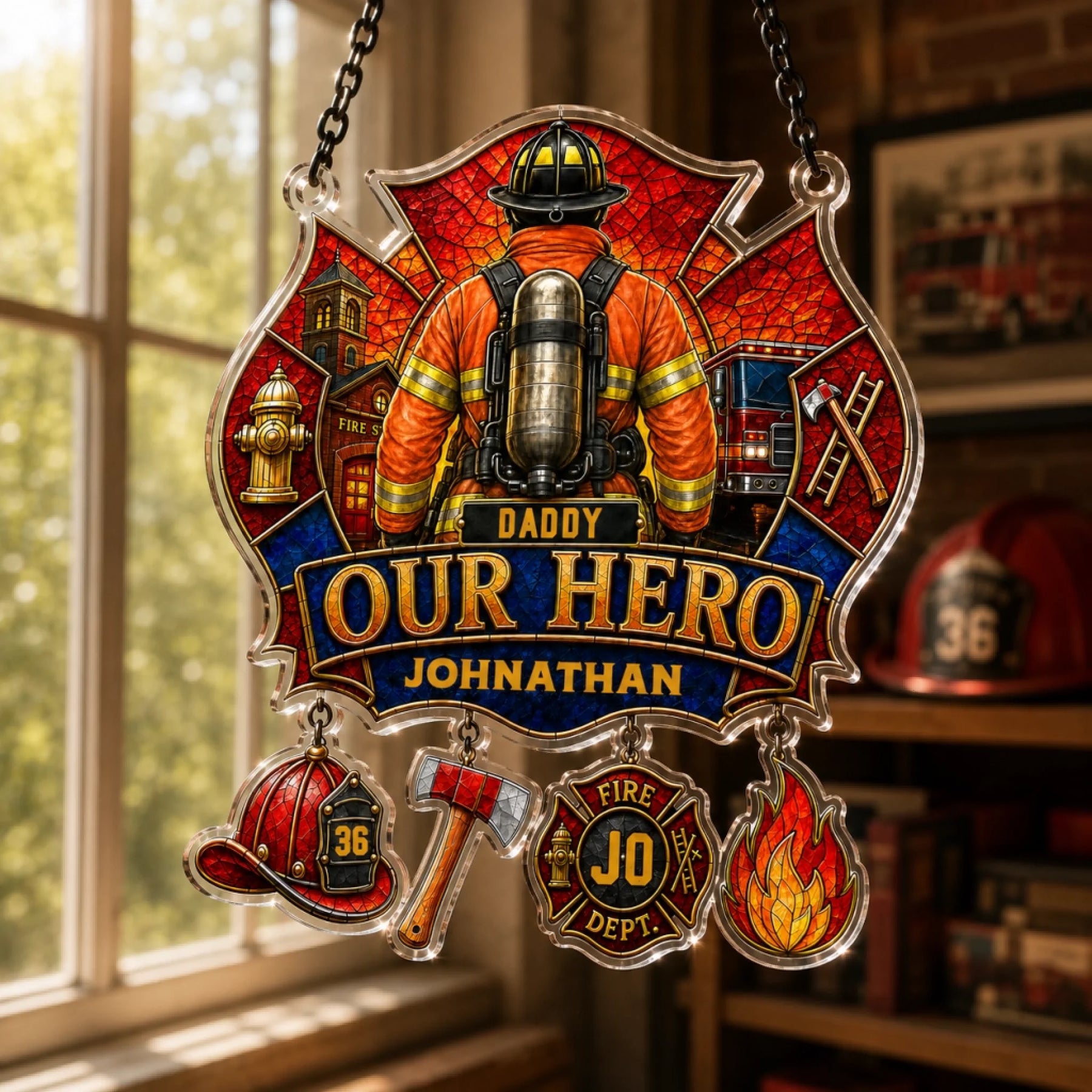 A stained-glass style Maltese cross plaque depicts a firefighter, fire station, truck, "DADDY OUR HERO JOHNATHAN," and charms. Hanging by an indoor window.