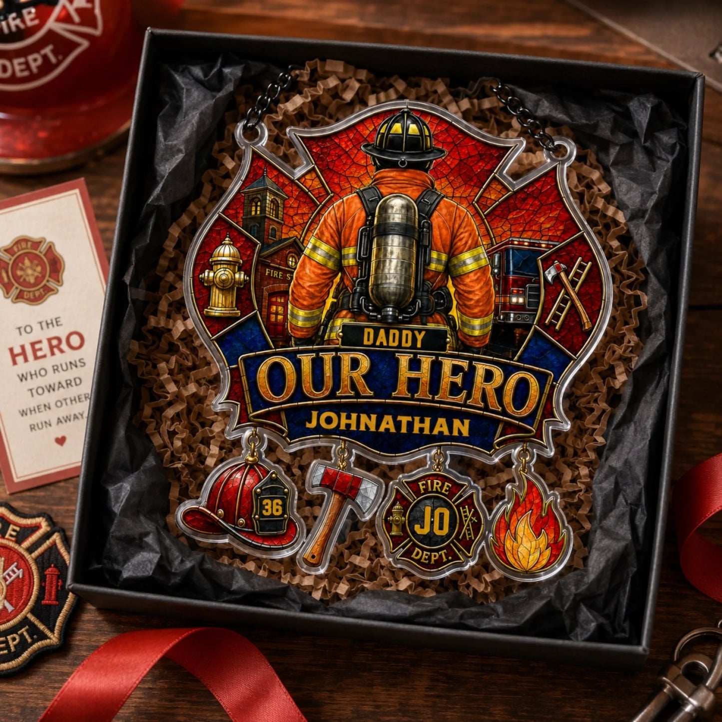 A stained-glass style Maltese cross plaque with a firefighter, "DADDY OUR HERO JOHNATHAN," and charms, is in a gift box. A card and ribbon are nearby.