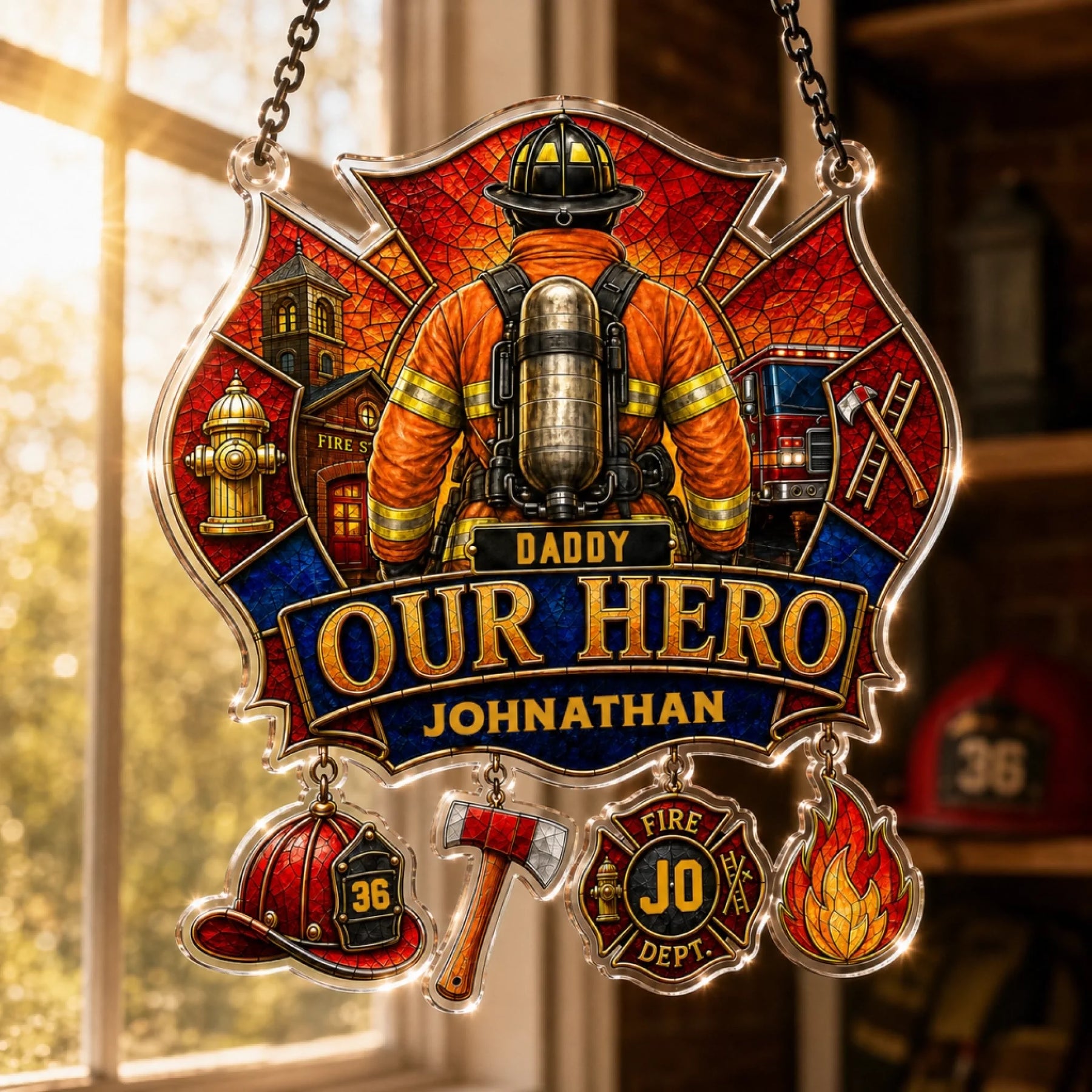 A stained-glass style Maltese cross plaque with a firefighter, "DADDY OUR HERO JOHNATHAN," and charms, hangs in a brightly lit window.