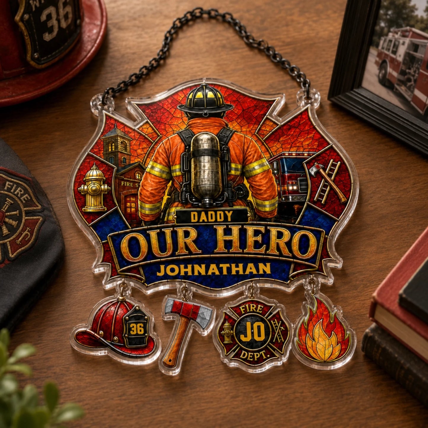 Stained glass style acrylic firefighter ornament. Features a firefighter and 'OUR HERO' text. Dangling charms.