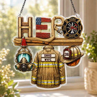 Decorative sign with firefighter-themed elements including a helmet, jacket, and American flag.