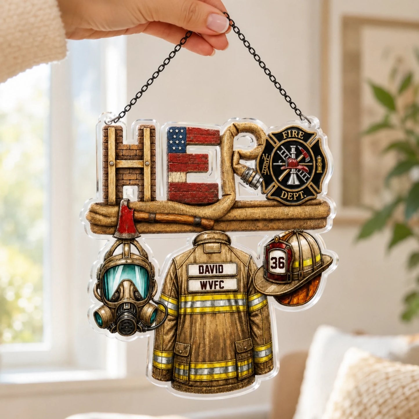 A person's hand holds up a clear acrylic "HERO" ornament, showcasing firefighter elements like a coat and helmet.