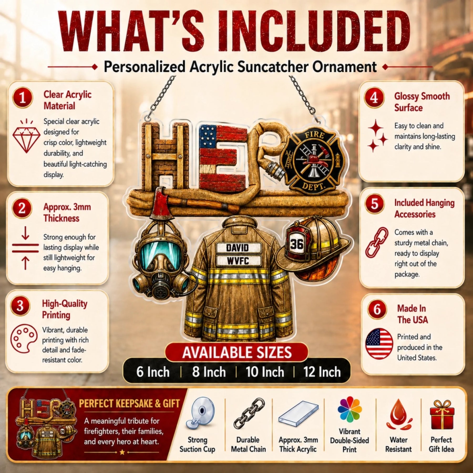A graphic detailing the features of the firefighter-themed "HERO" acrylic ornament, including material, size, and print quality.