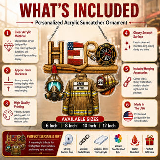 A graphic detailing the features of the firefighter-themed "HERO" acrylic ornament, including material, size, and print quality.