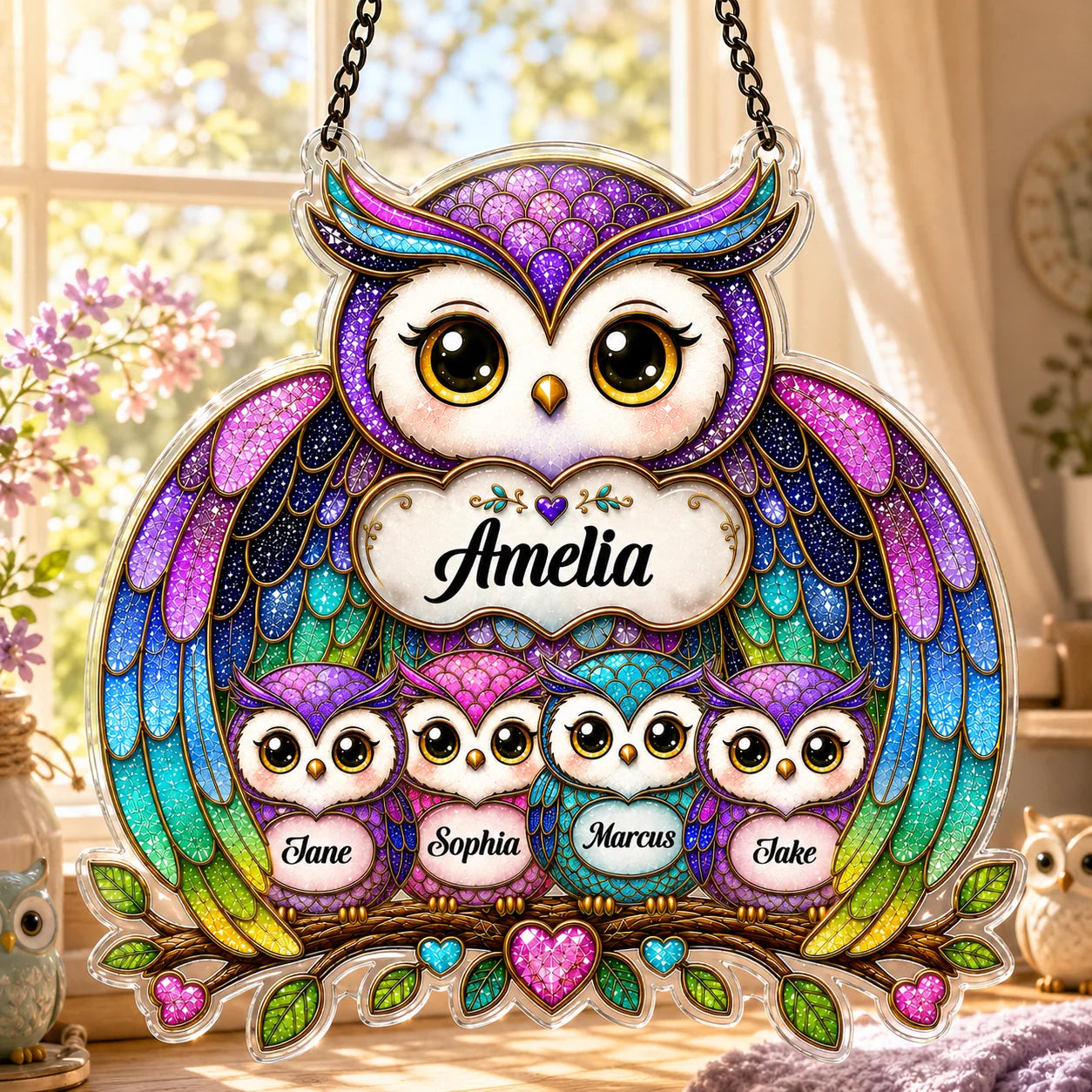 Colorful owl family ornament with names on a blurred background