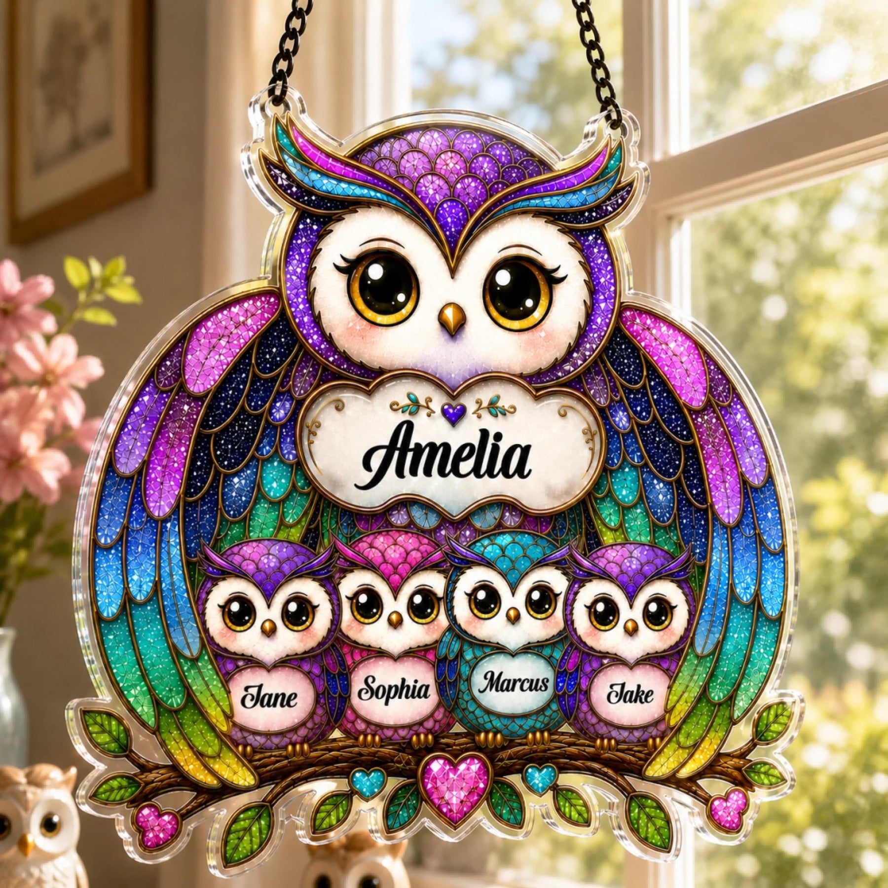 A glittery, stained-glass style acrylic hanging sign featuring a large purple owl above four smaller owls on a branch. The large owl has "Amelia", and the small owls have "Jane", "Sophia", "Marcus", and "Jake" written below them.