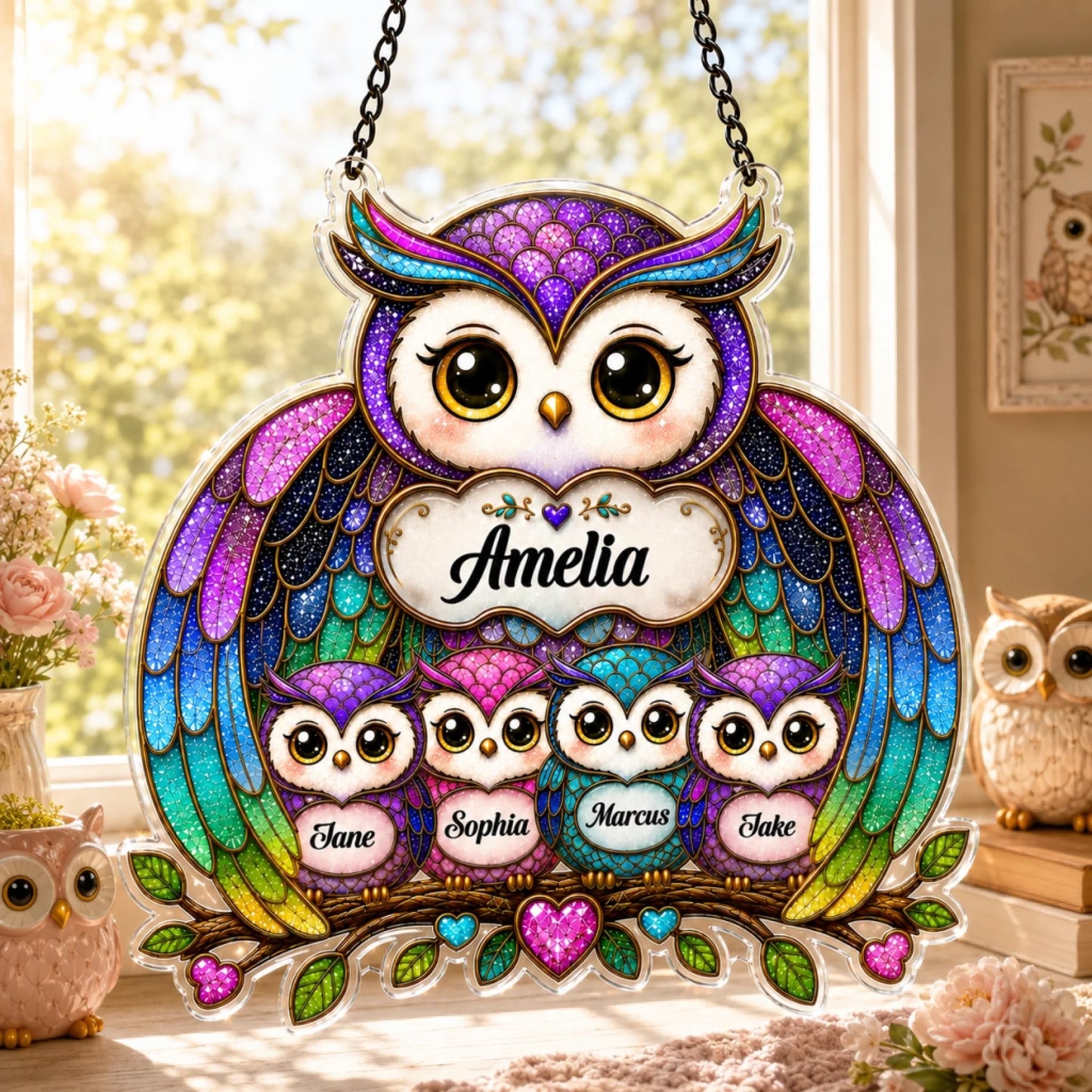 A glittery, stained-glass style acrylic ornament featuring a large owl with "Amelia" and four smaller owls with "Jane", "Sophia", "Marcus", and "Jake" names, hanging in front of a sunny window.