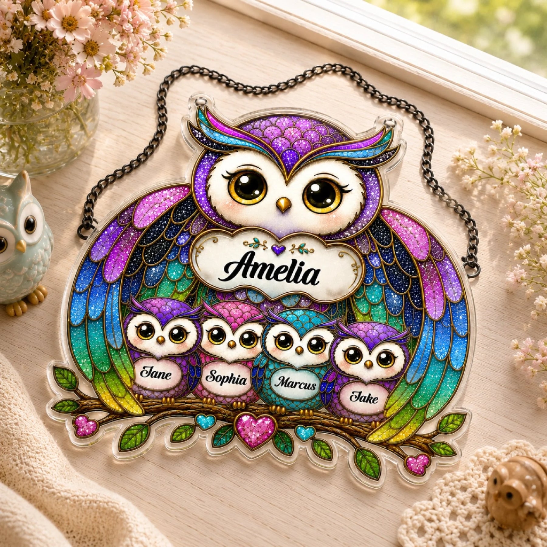 A personalized owl family acrylic decoration, featuring a large owl with "Amelia" and four small owls with names, laid flat on a light wood surface with flowers and a blanket.
