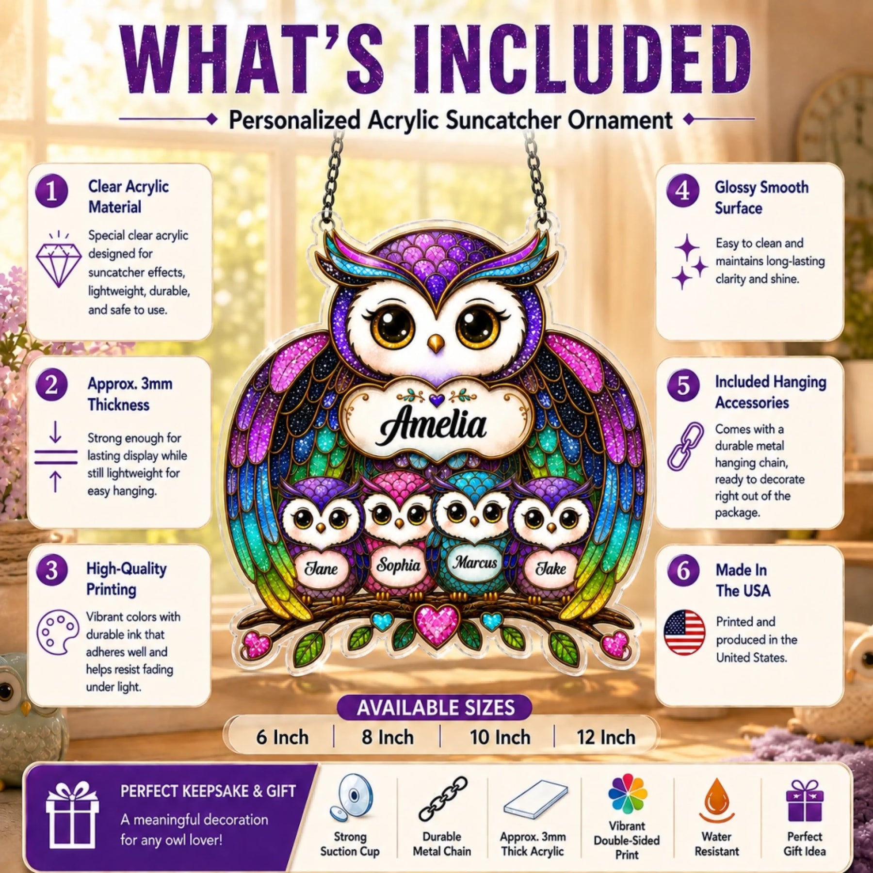 An infographic details a colorful acrylic owl suncatcher with five owls on a branch, explaining its features like material, size, printing, and hanging accessories.