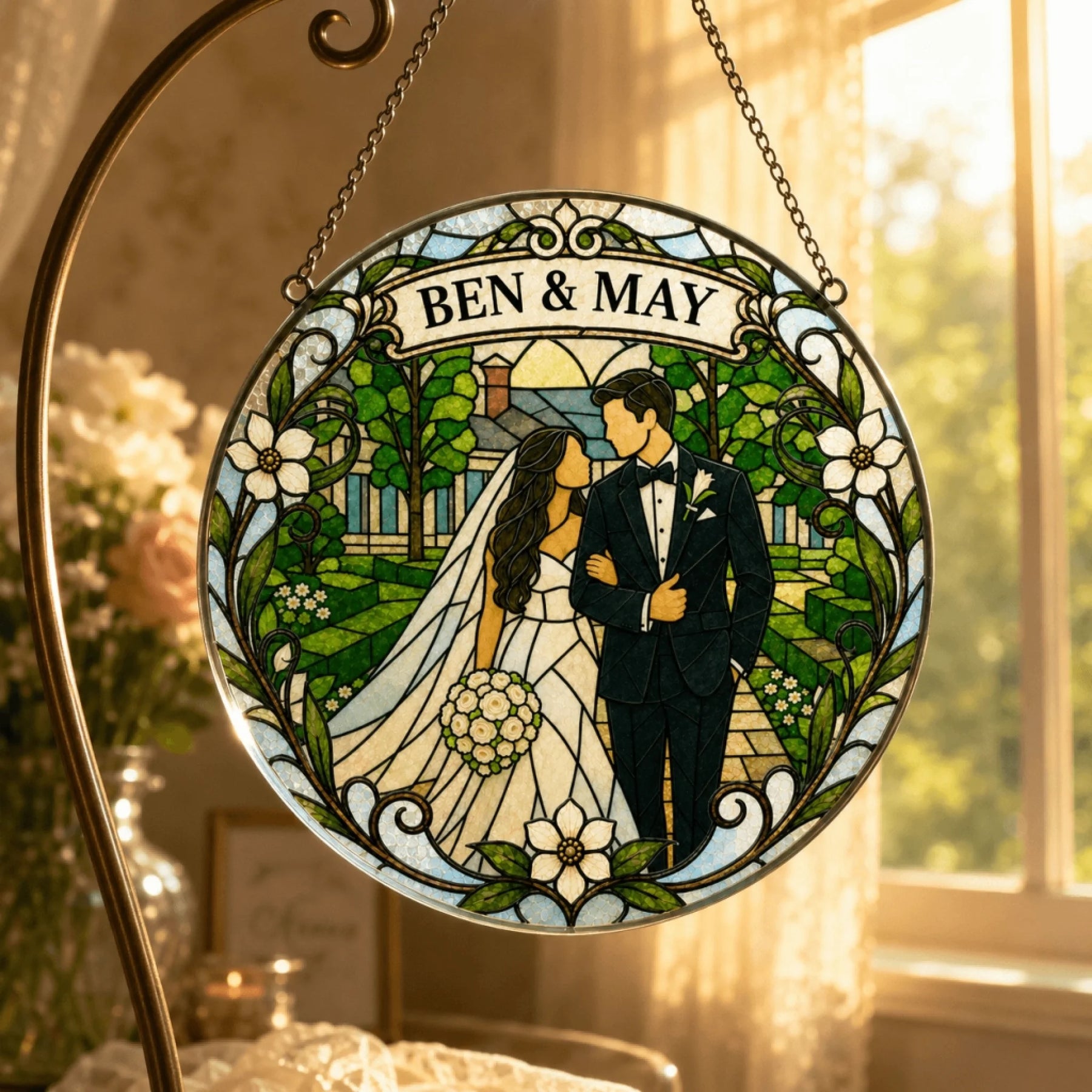 A circular stained-glass style artwork depicting a bride and groom walking arm-in-arm in a vibrant garden. The names 'BEN & MAY' are displayed at the top. It hangs from a metal stand.