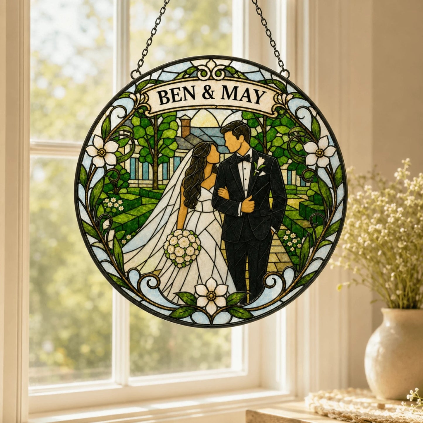 Round stained glass art depicting a wedding couple in a garden scene with a house in the background. A banner at the top reads 'BEN & MAY'.
