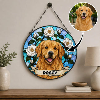 Round decorative plaque with a dog's face and 'DOGGY' text, surrounded by flowers, on a wall.