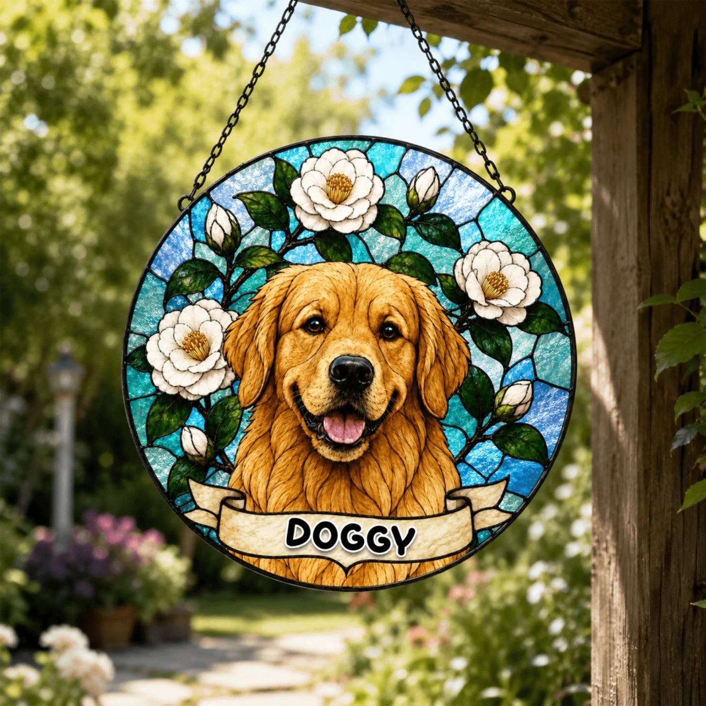 A circular stained-glass style ornament with a golden retriever, white flowers, and a 'DOGGY' banner, hanging outdoors.