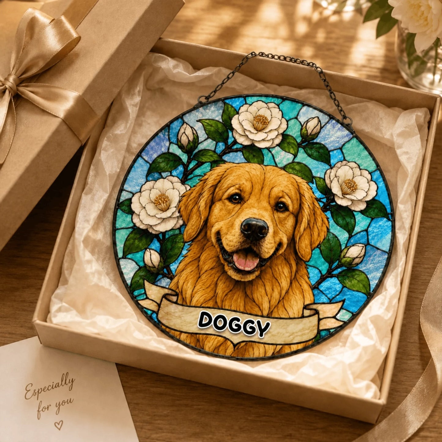 A circular stained-glass style ornament depicting a golden retriever with flowers and a 'DOGGY' banner, nestled in an open gift box.