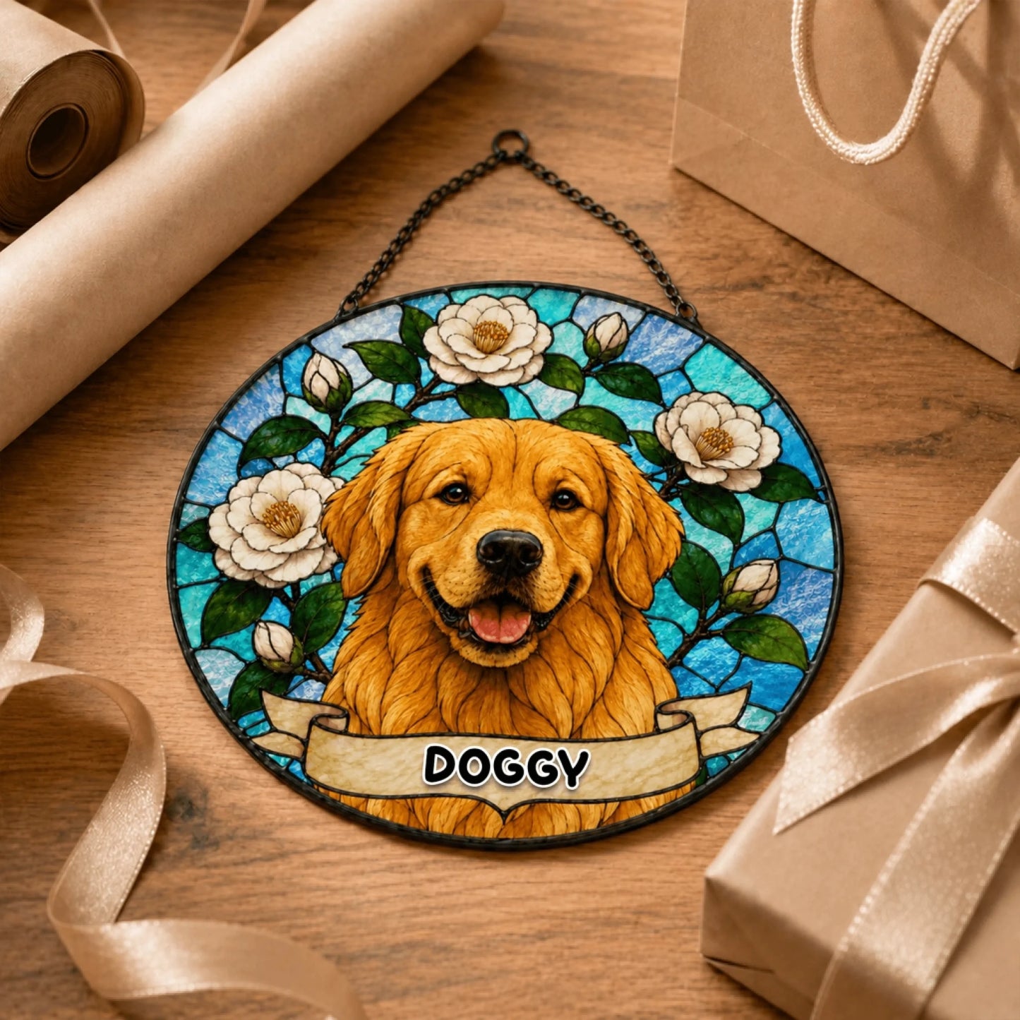 A circular stained-glass style ornament with a golden retriever and flowers, featuring a 'DOGGY' banner, surrounded by gift wrap.
