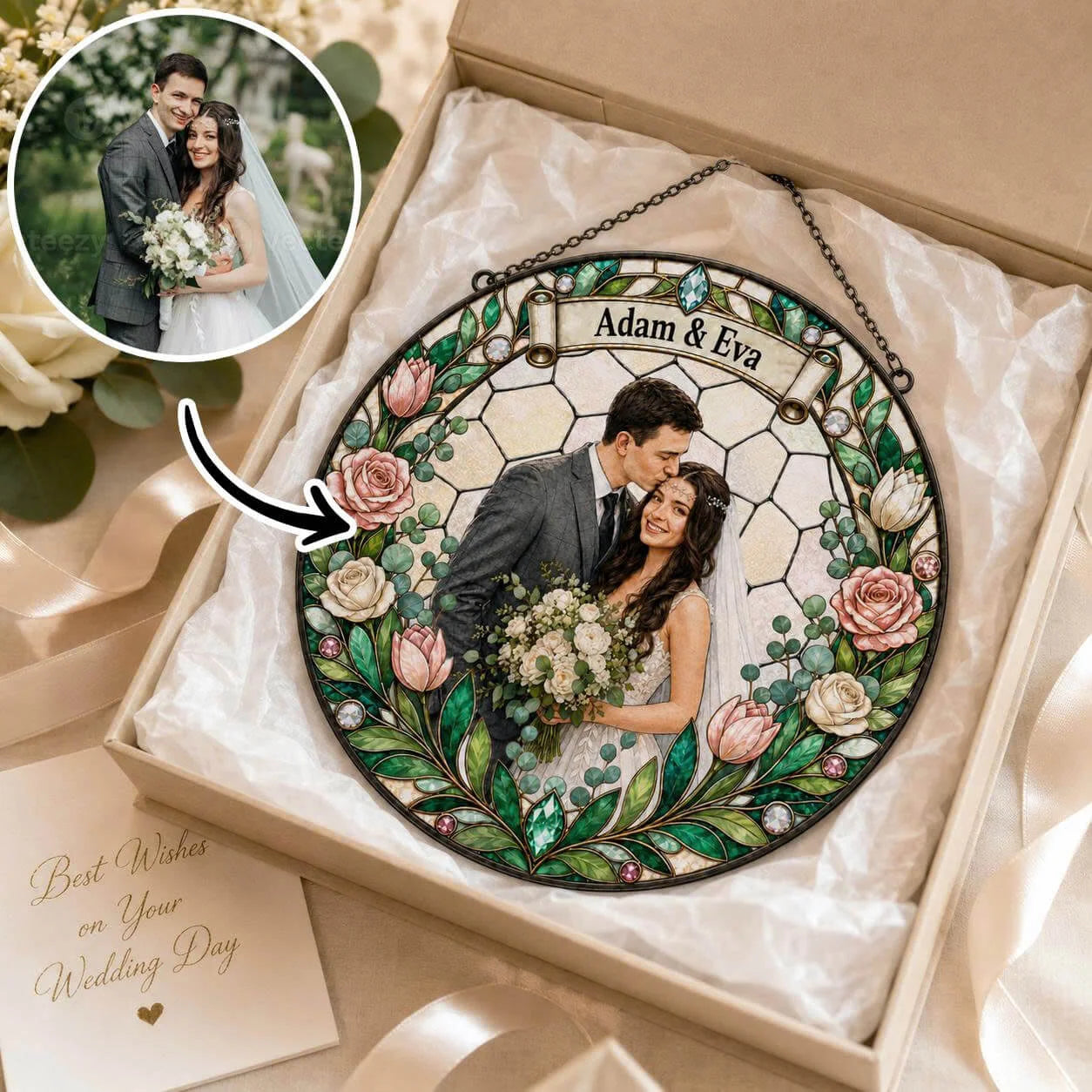 Personalized decorative plaque with a couple's photo and names, surrounded by flowers, in a gift box.