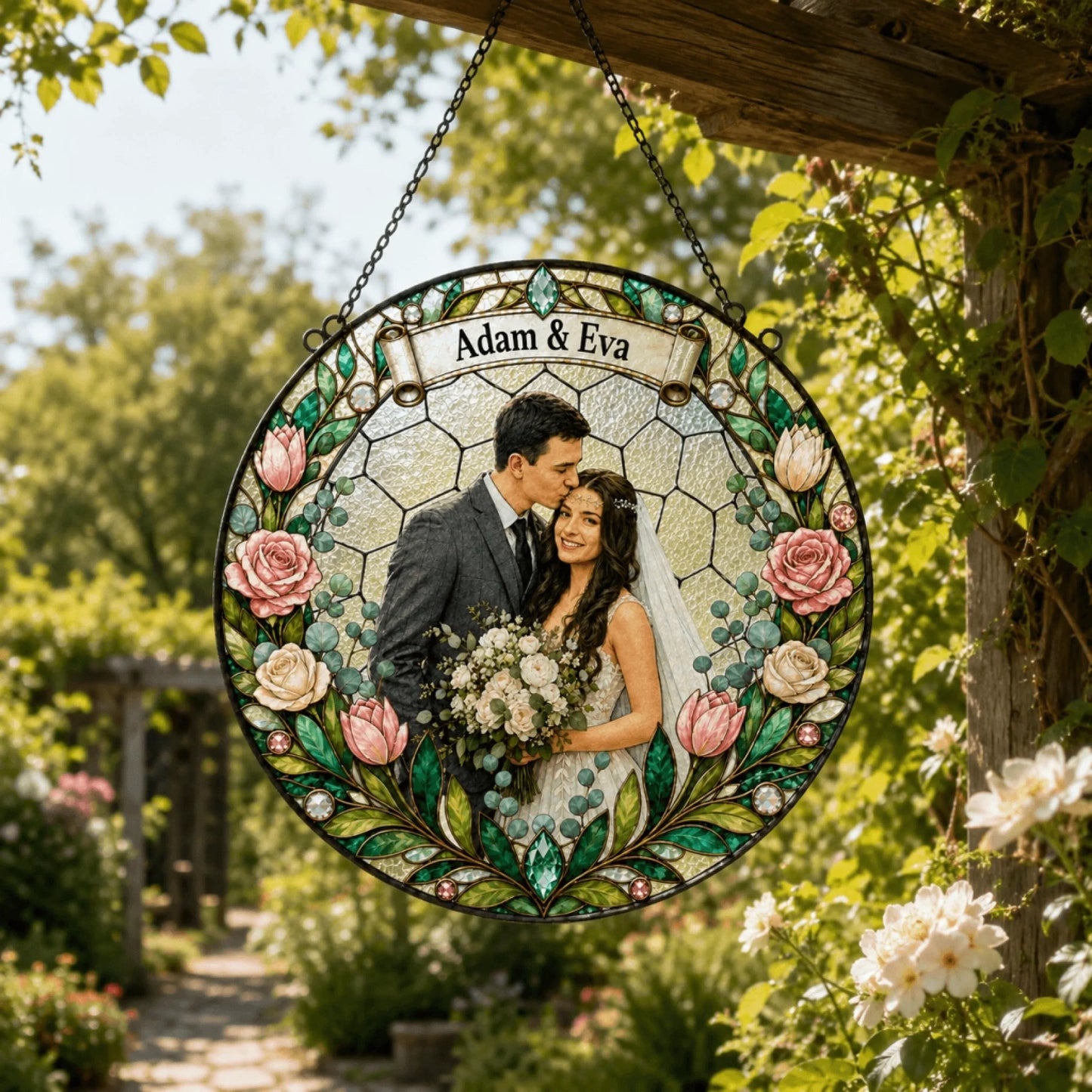 A circular stained-glass style ornament hangs from a wooden beam, featuring a couple's photo, surrounded by pink and white flowers.