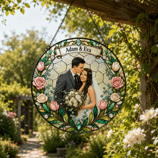 A circular stained-glass style ornament hangs from a wooden beam, featuring a couple's photo, surrounded by pink and white flowers.