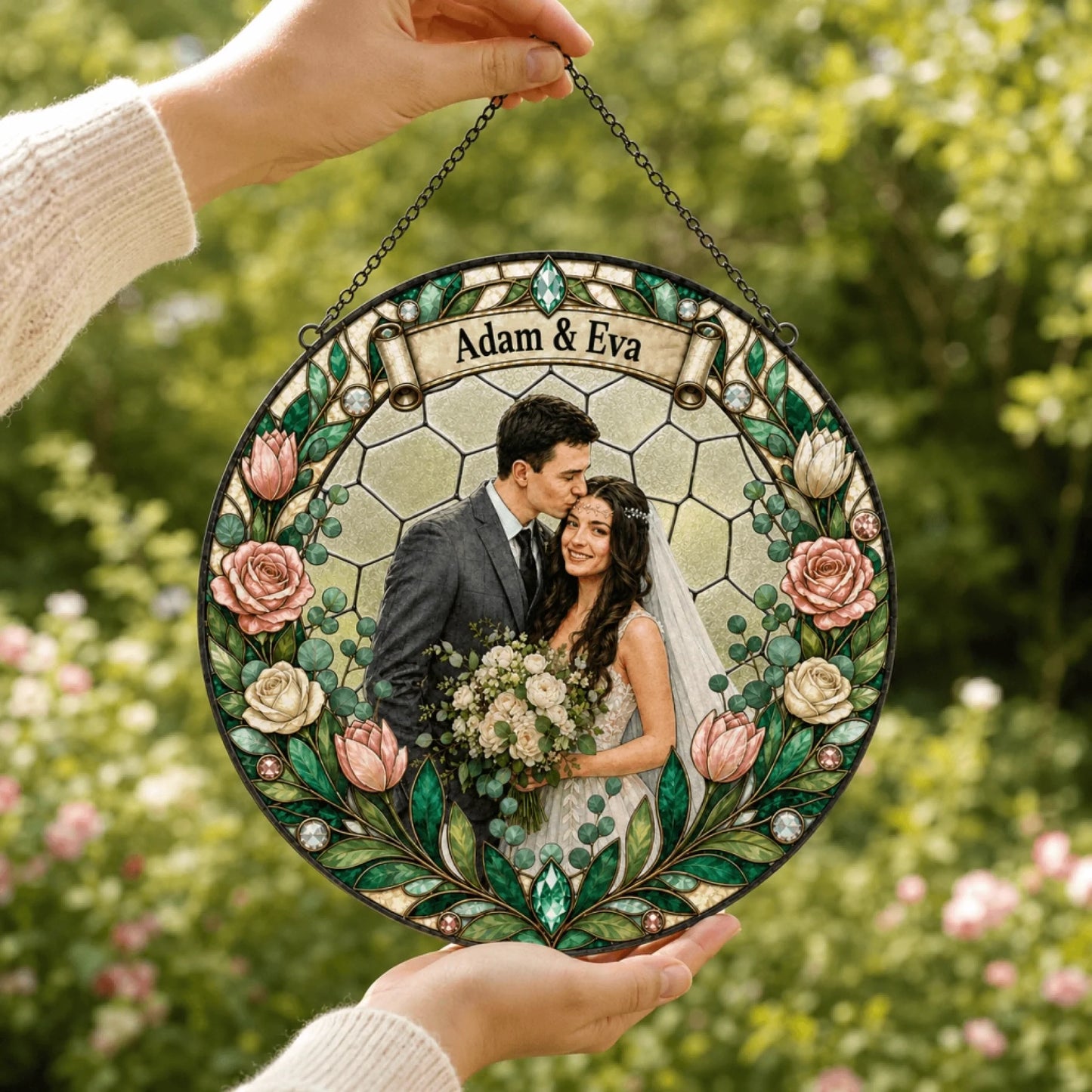 Hands hold a circular stained-glass style ornament, featuring a couple's photo and floral design, against a blurred green background.
