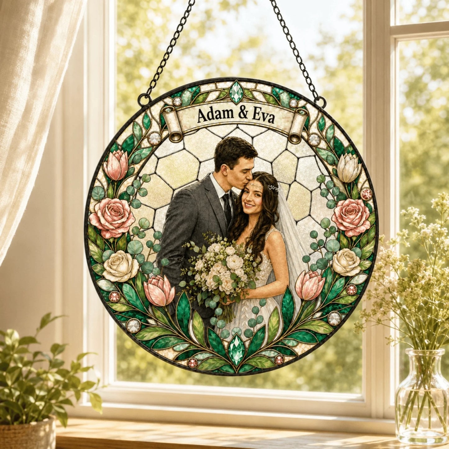 A circular stained-glass style ornament, with a couple's photo and floral design, hangs in a sunlit window.
