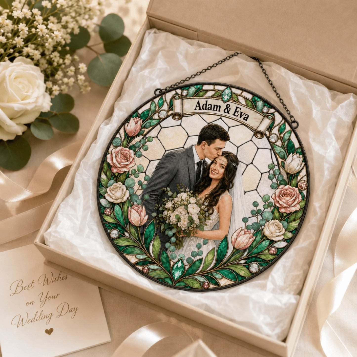A circular stained-glass style ornament is nestled in an open gift box, surrounded by a white rose, ribbon, and a greeting card.