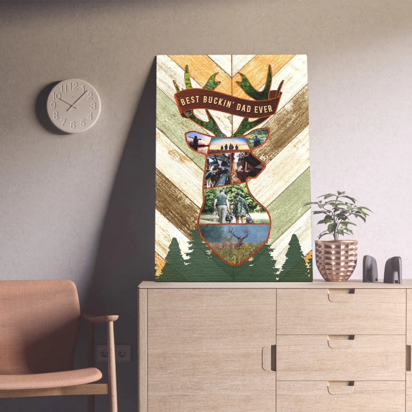 A vertical canvas print featuring a deer head collage with hunting photos and "BEST BUCKIN' DAD EVER" text, on a wooden dresser.