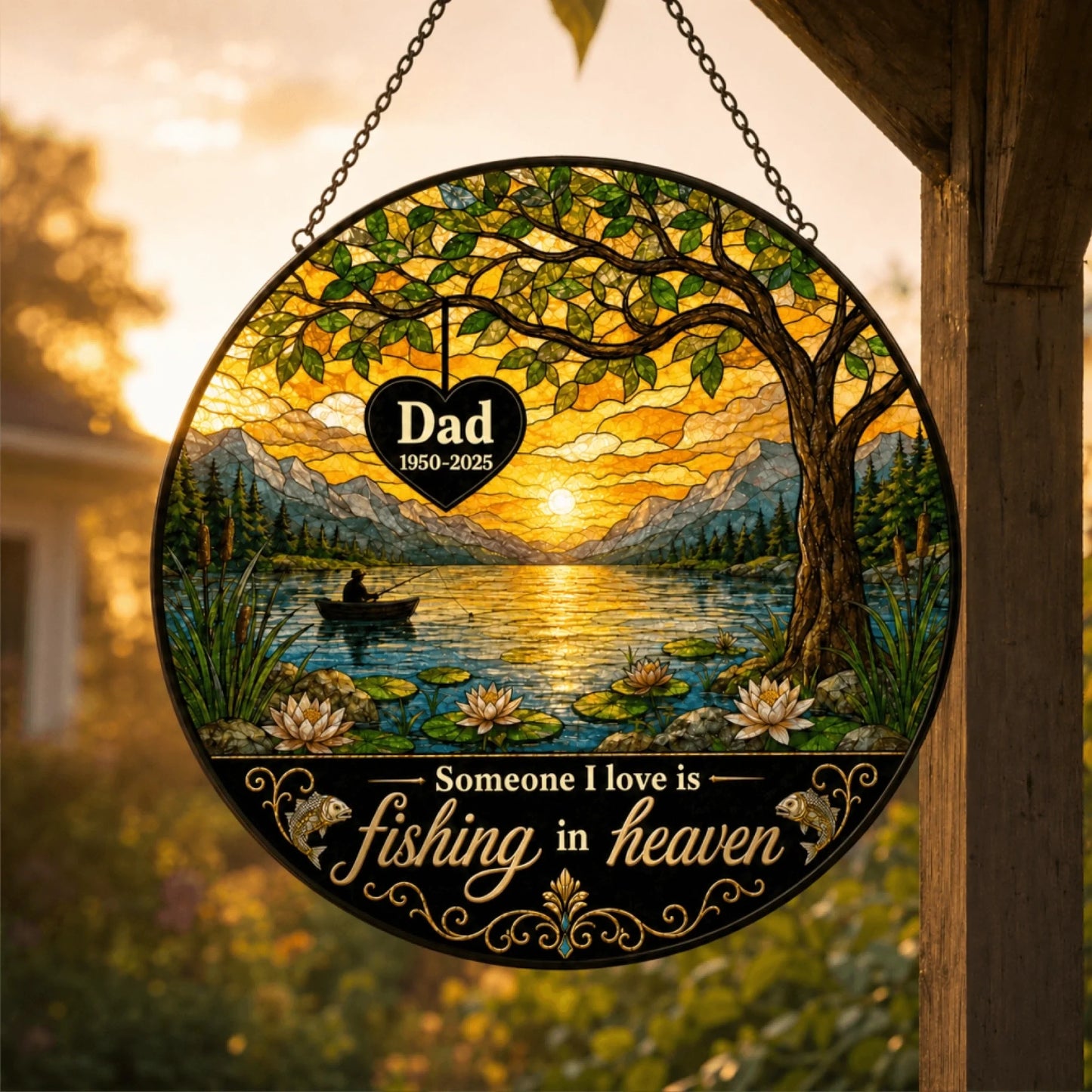 Round stained glass-style panel depicting a fishing scene at sunset, with visible personalized text, hanging from a rustic wooden post outdoors.