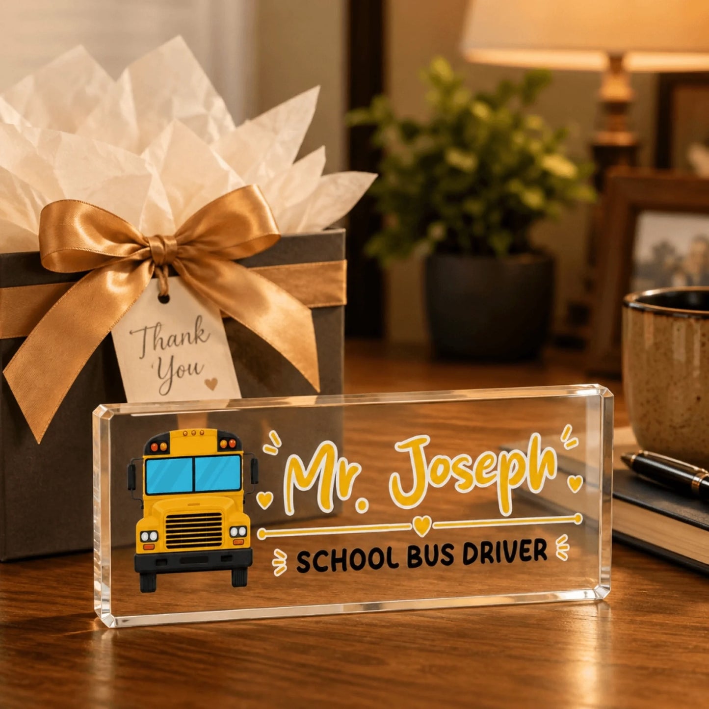 A clear acrylic block with a school bus design and "Mr. Joseph School Bus Driver" text sits next to a gift box.