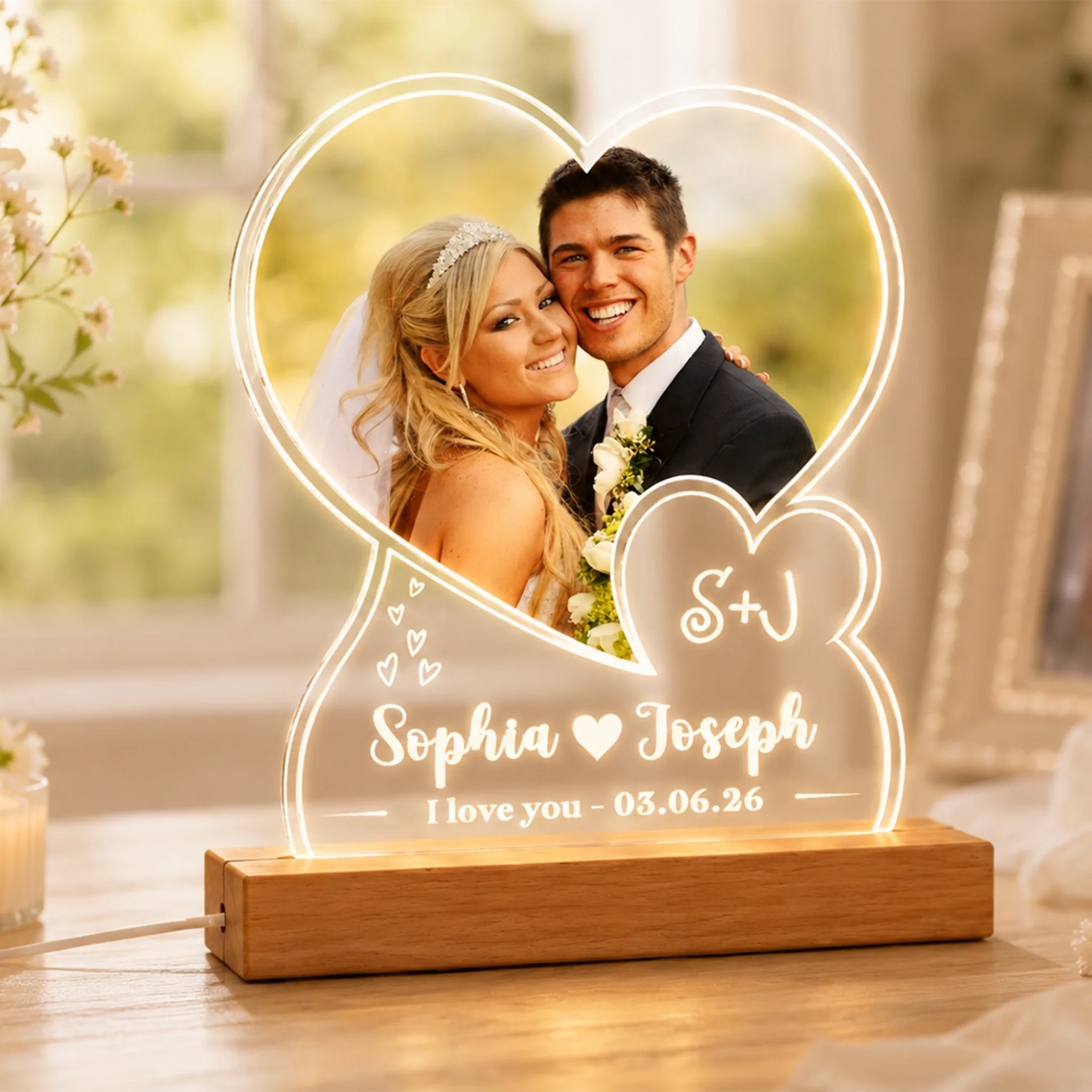 A heart-shaped illuminated custom light with a wedding photo of a couple, names "Sophia ❤️ Joseph", and a date, on a wooden base, in a bright room with a blurred window.