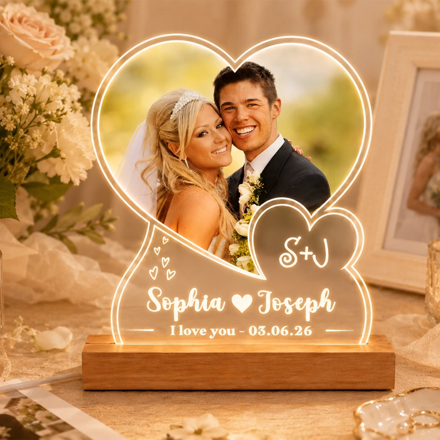 A heart-shaped custom photo light, displaying a wedding photo and personalized text, glows warmly on a wooden base amidst blurred flowers and a candle, creating a romantic atmosphere.
