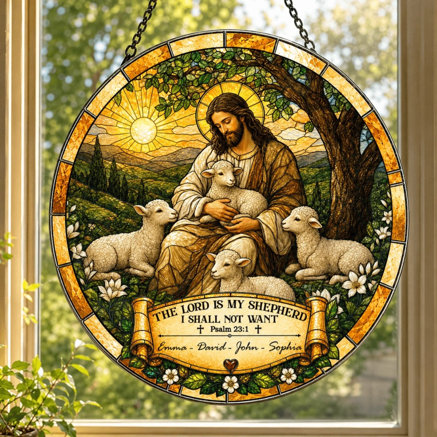 A circular stained-glass style suncatcher hanging in a window, depicting a robed shepherd figure embracing a lamb, surrounded by three other lambs, under a sun. A banner below reads "Emma - David - John - Sophia".