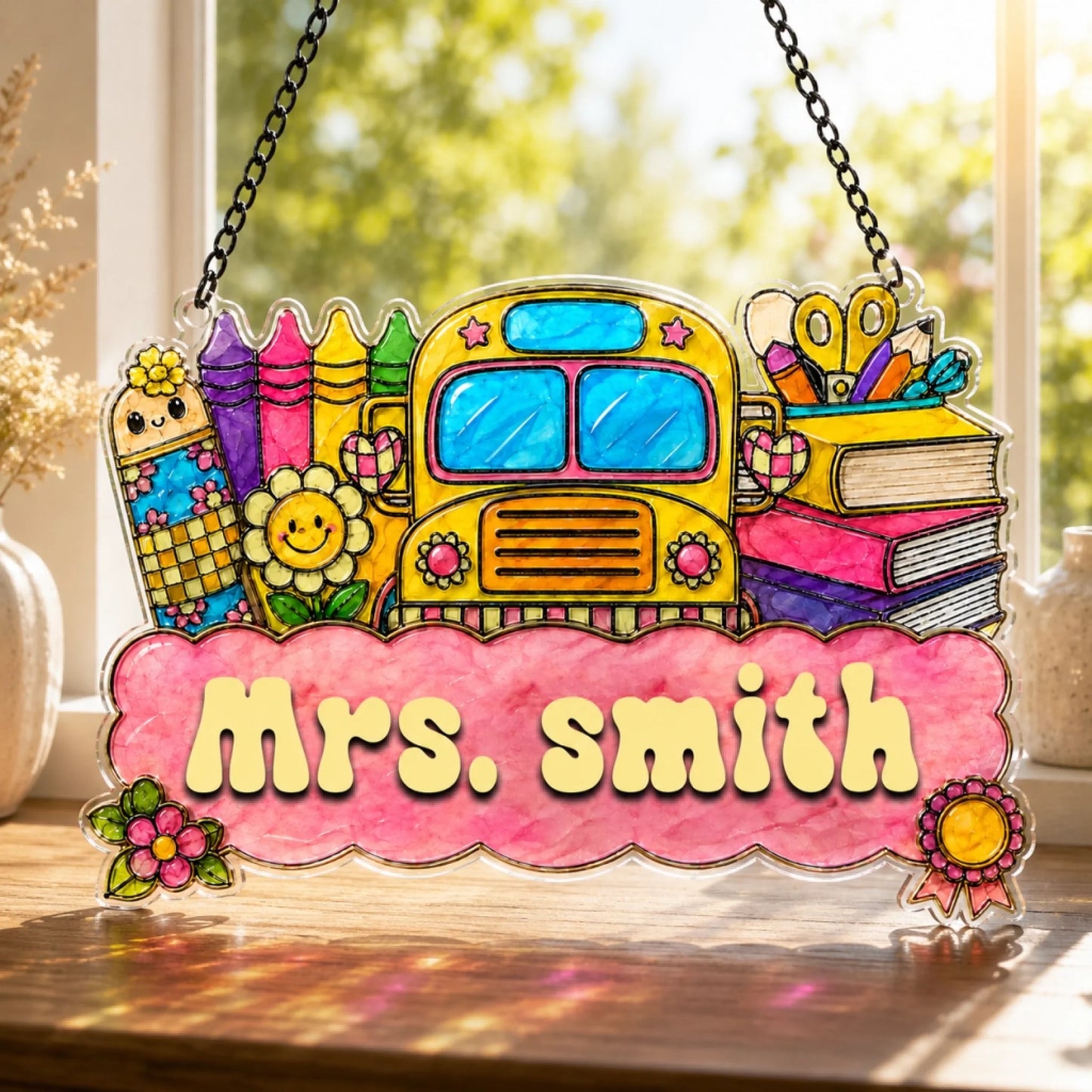 A vibrant school-themed sign featuring a yellow bus, crayons, books, and an eraser. A pink banner reads "Mrs. Smith".