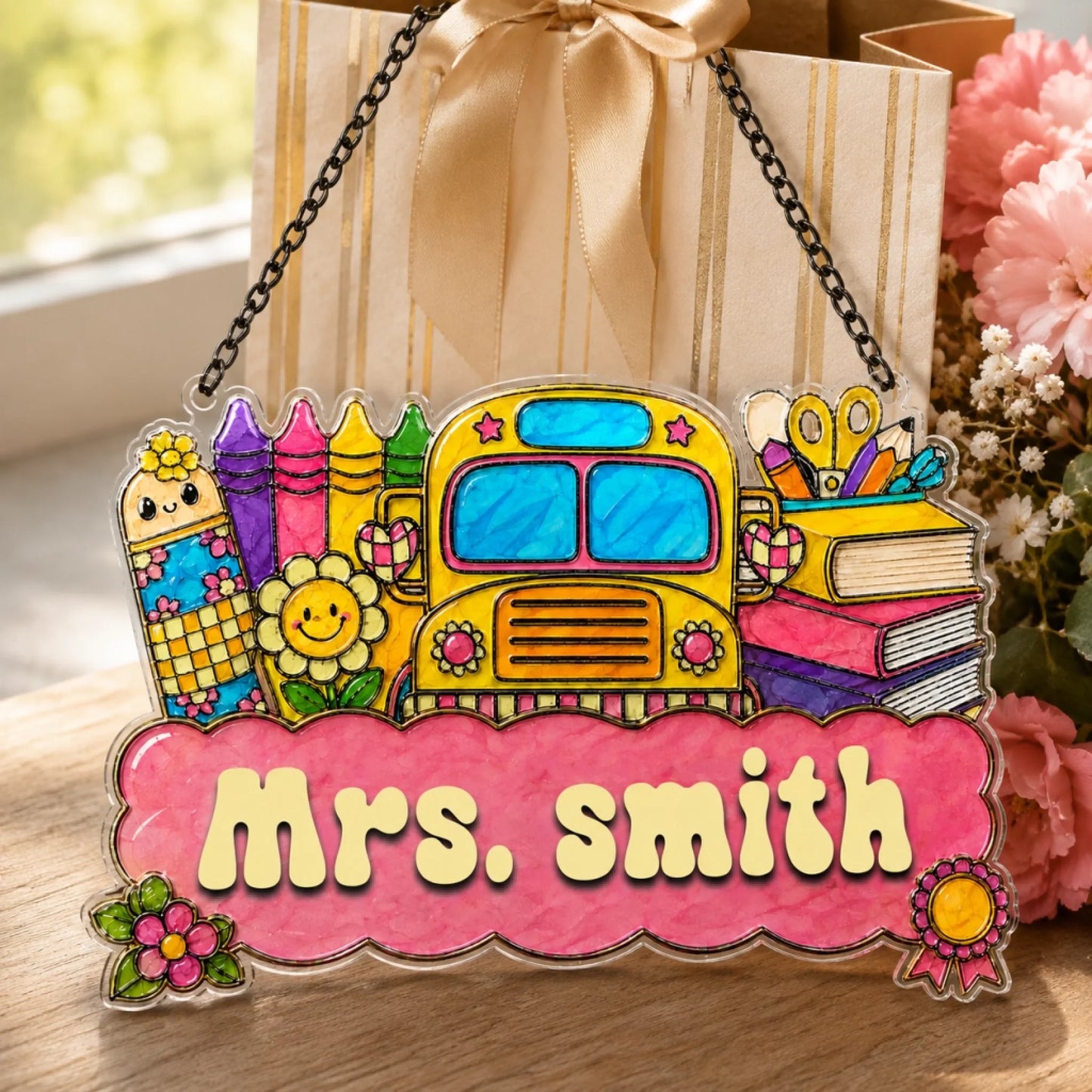 A vibrant school-themed sign featuring a yellow bus, crayons, and books. It reads "Mrs. Smith" and hangs by a gift bag.