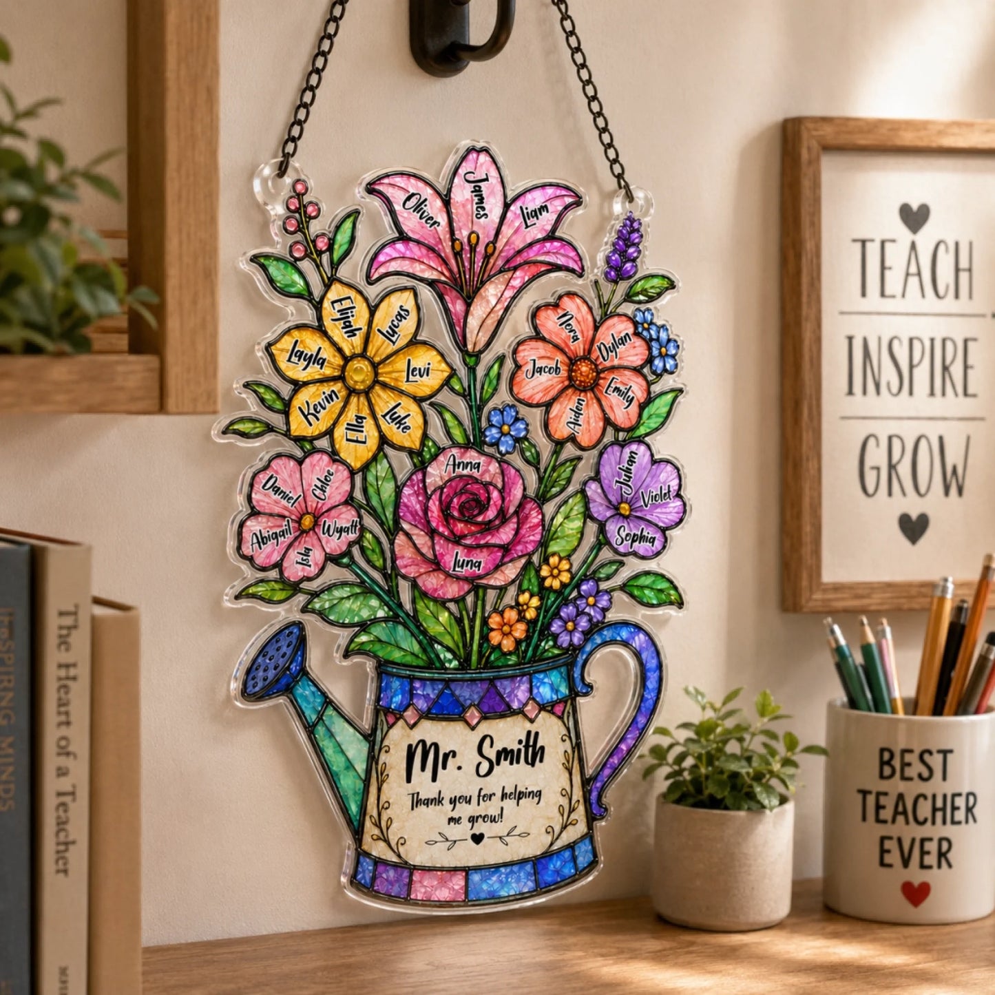 A colorful watering can shaped plaque with flowers, each bearing a name, and a thank you message, hanging on a wall next to a framed inspirational sign.