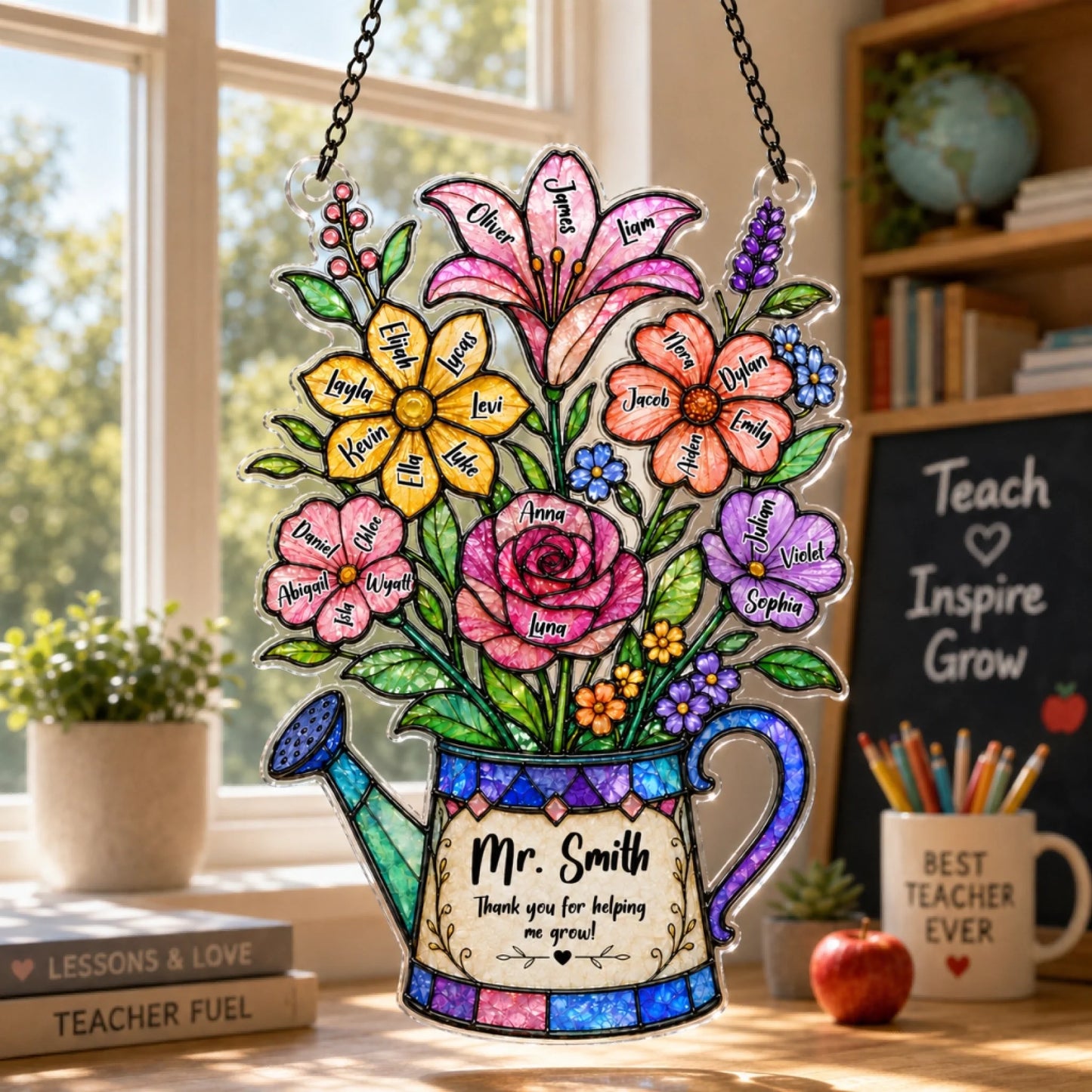 A colorful watering can shaped plaque with named flowers and a thank you message, hanging in a classroom setting in front of a bright window.