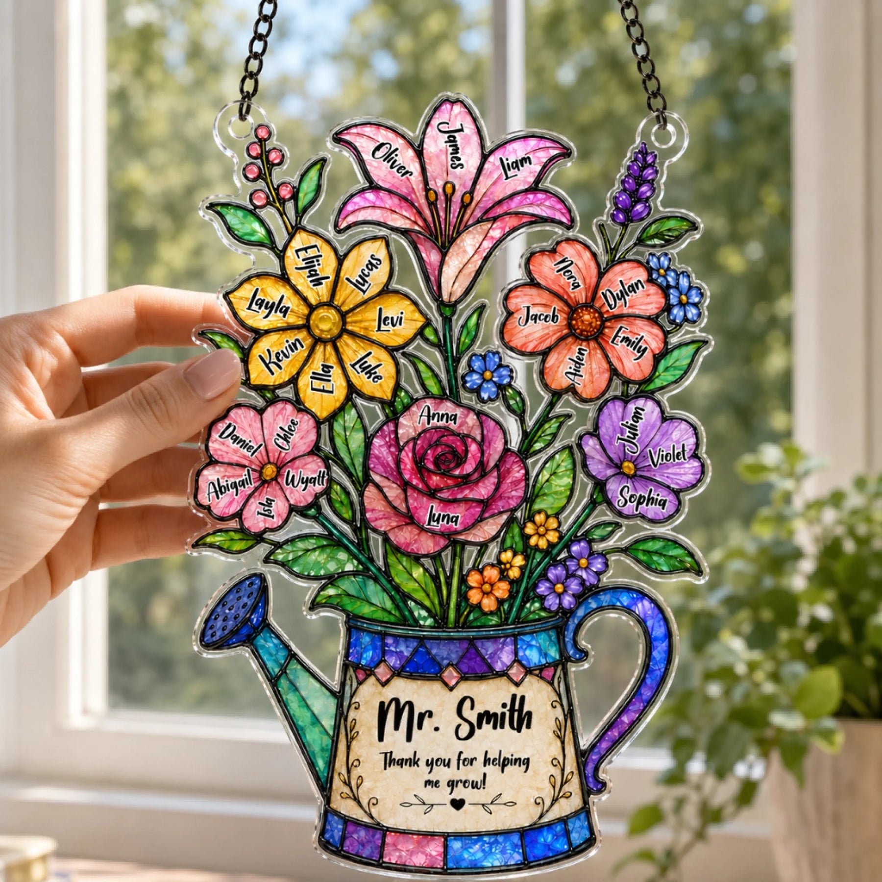 A hand holds up a colorful watering can shaped plaque featuring named flowers and a thank you message, with a bright window in the background.