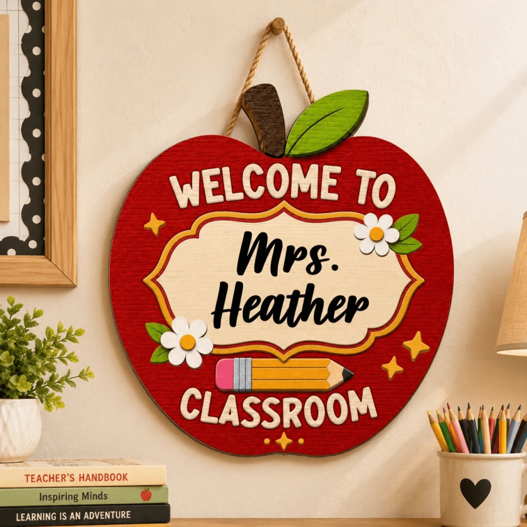 An apple-shaped wooden sign reading "WELCOME TO Mrs. Heather CLASSROOM" with a pencil and flowers, hanging on a wall.