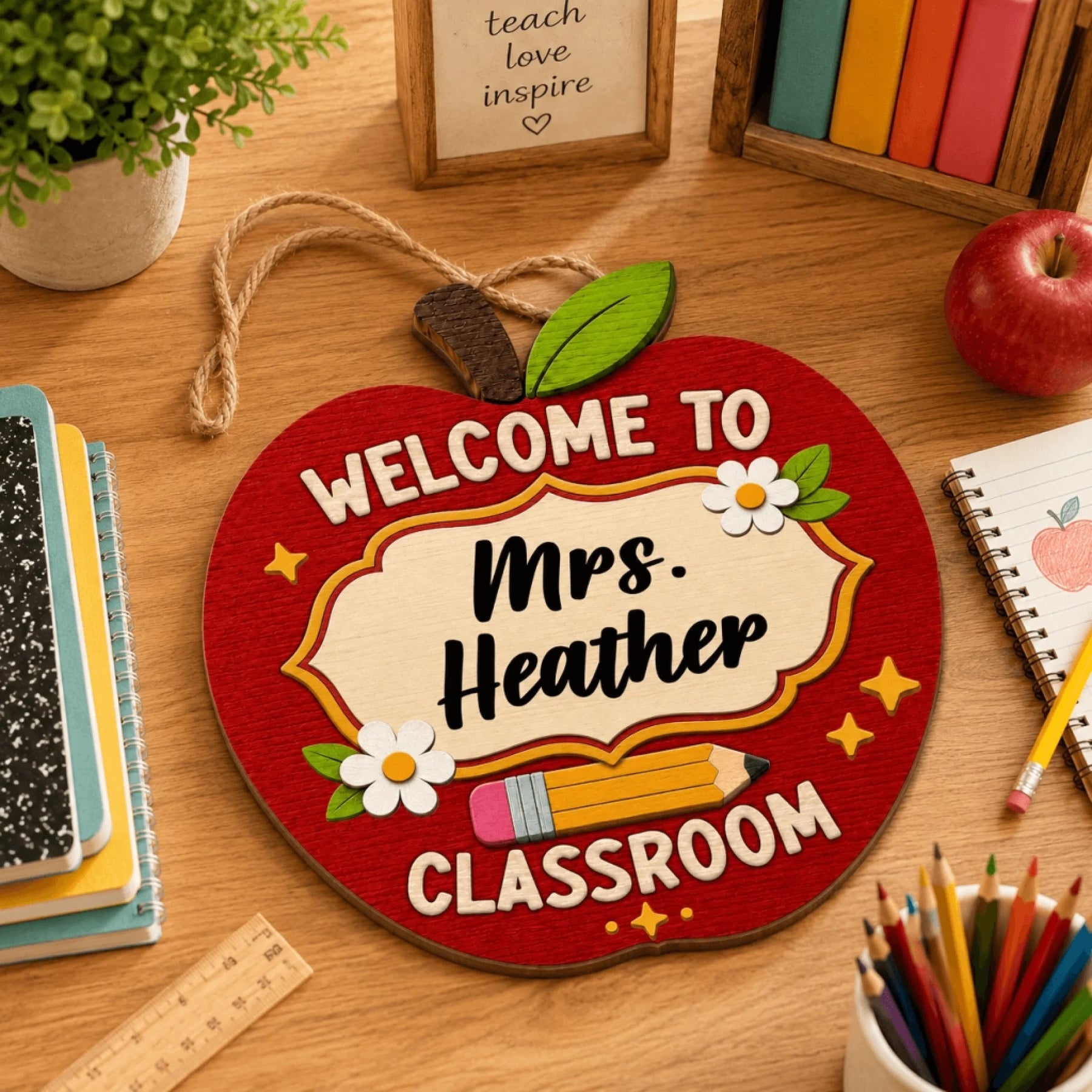 An apple-shaped wooden sign reading "WELCOME TO Mrs. Heather CLASSROOM" with a pencil and flowers, displayed on a wooden desk.
