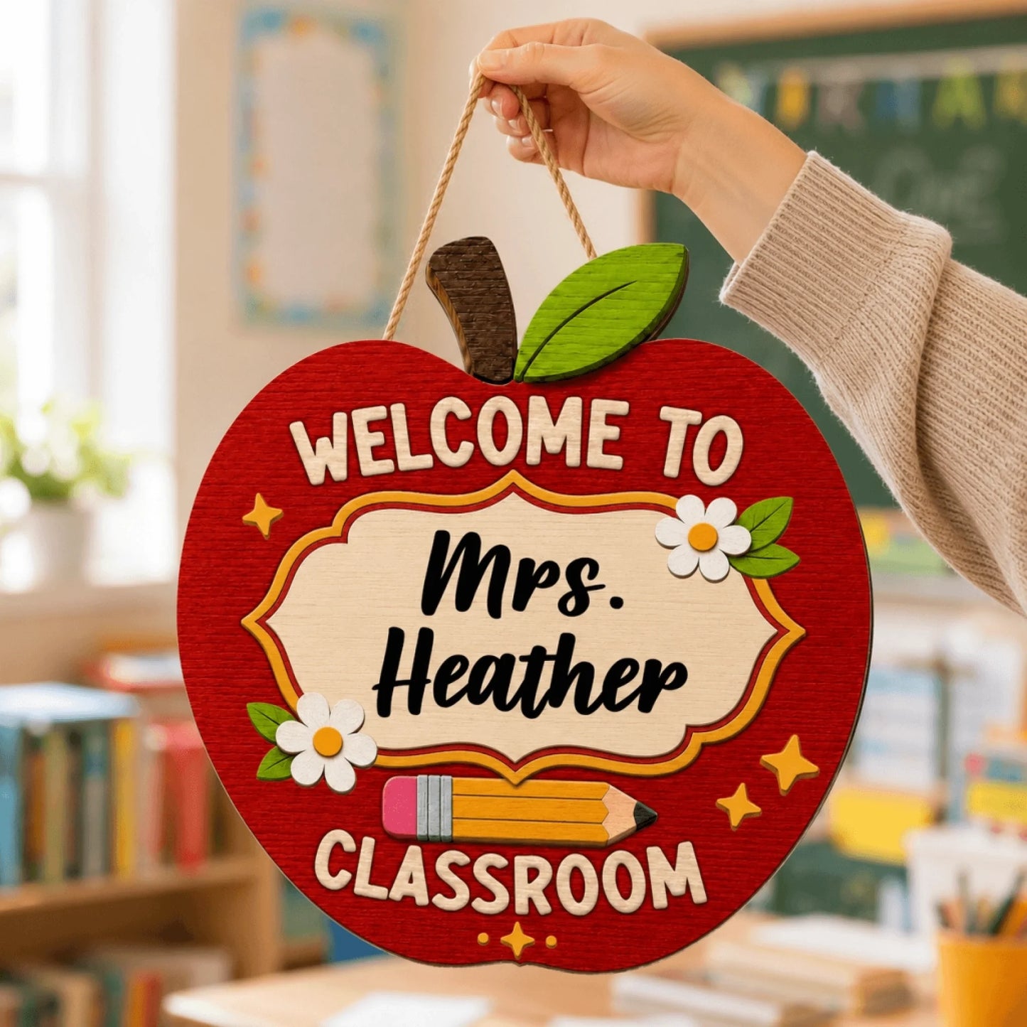 A hand holding an apple-shaped wooden sign reading "WELCOME TO Mrs. Heather CLASSROOM" with a pencil and flowers.
