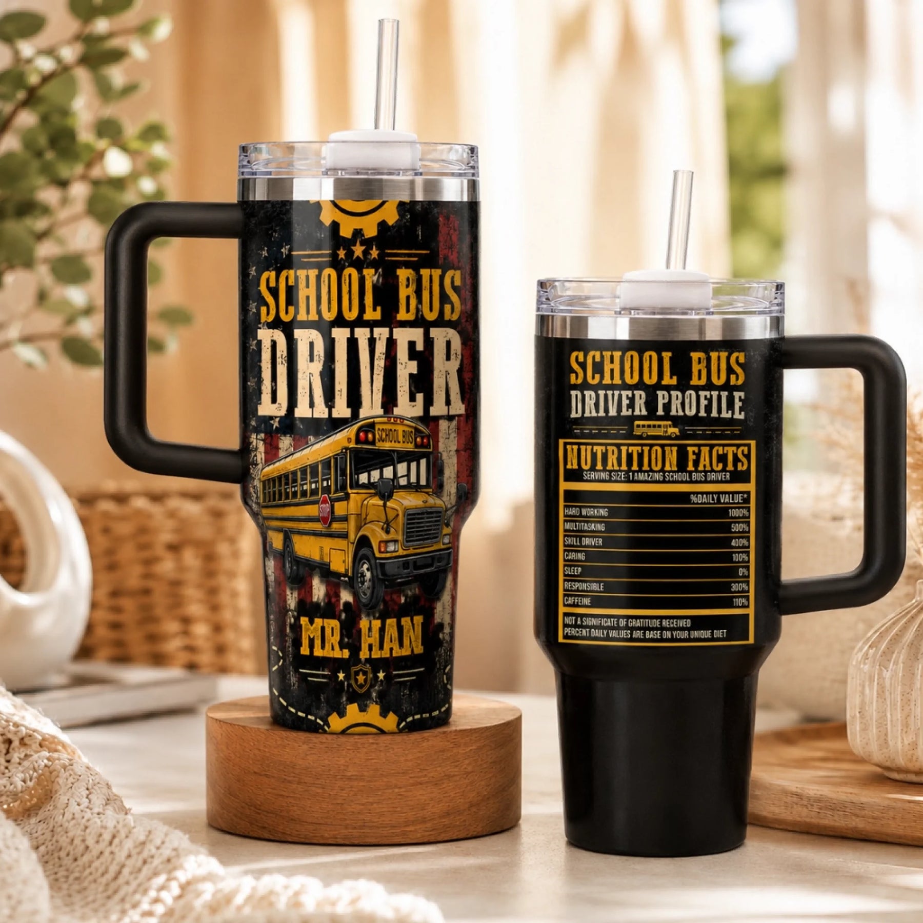 Two tumblers on wooden bases. Left: school bus design and 'School Bus Driver' text. Right: 'Nutrition Facts' for a bus driver profile.