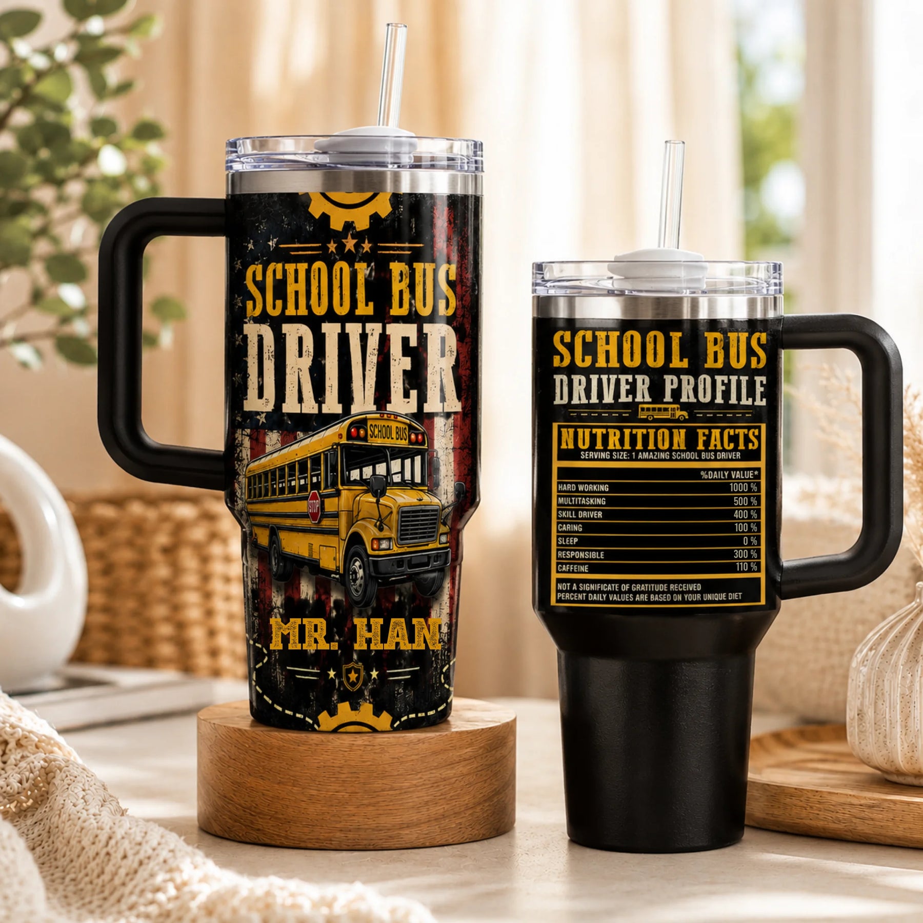Two handled tumblers with straws. One features a yellow school bus with 'School Bus Driver' text; the other has a 'Driver Profile' design.