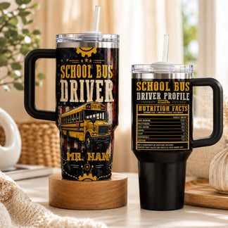 Two handled tumblers with straws. One features a yellow school bus with 'School Bus Driver' text; the other has a 'Driver Profile' design.