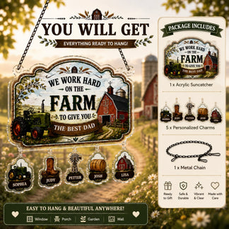Decorative sign with farm-themed design and included items on a scenic background