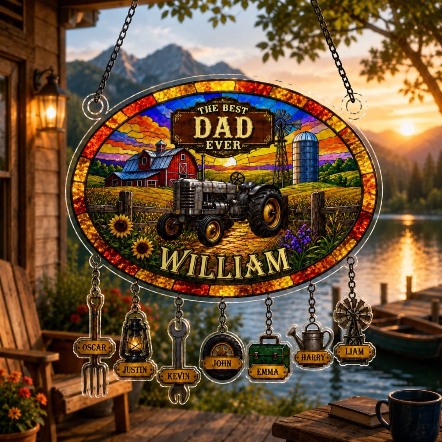 Personalized stained glass sign with a tractor and farm scene, featuring the text 'The Best Dad Ever' and 'William'.