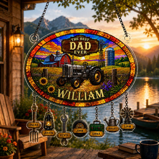Personalized stained glass sign with a tractor and farm scene, featuring the text 'The Best Dad Ever' and 'William'.