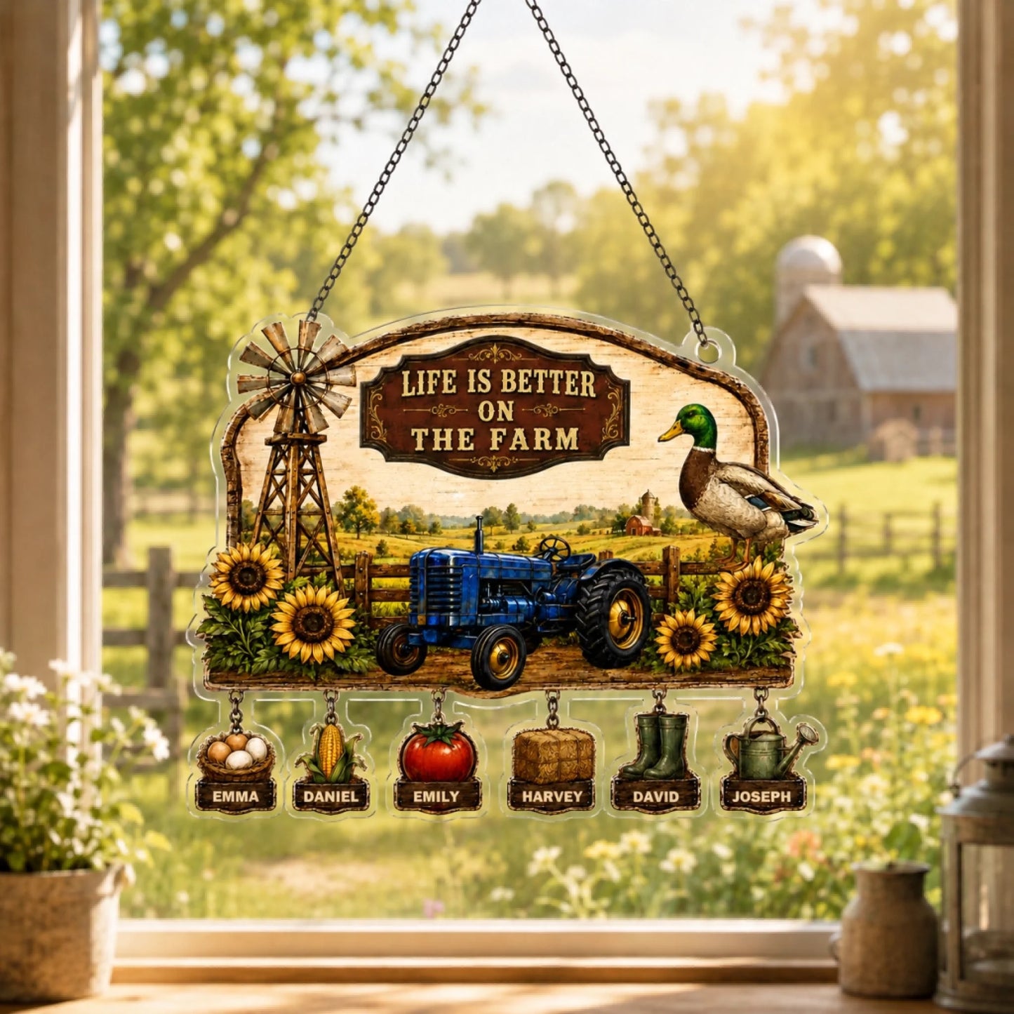 Decorative sign with a farm scene, tractor, and names hanging on a window.