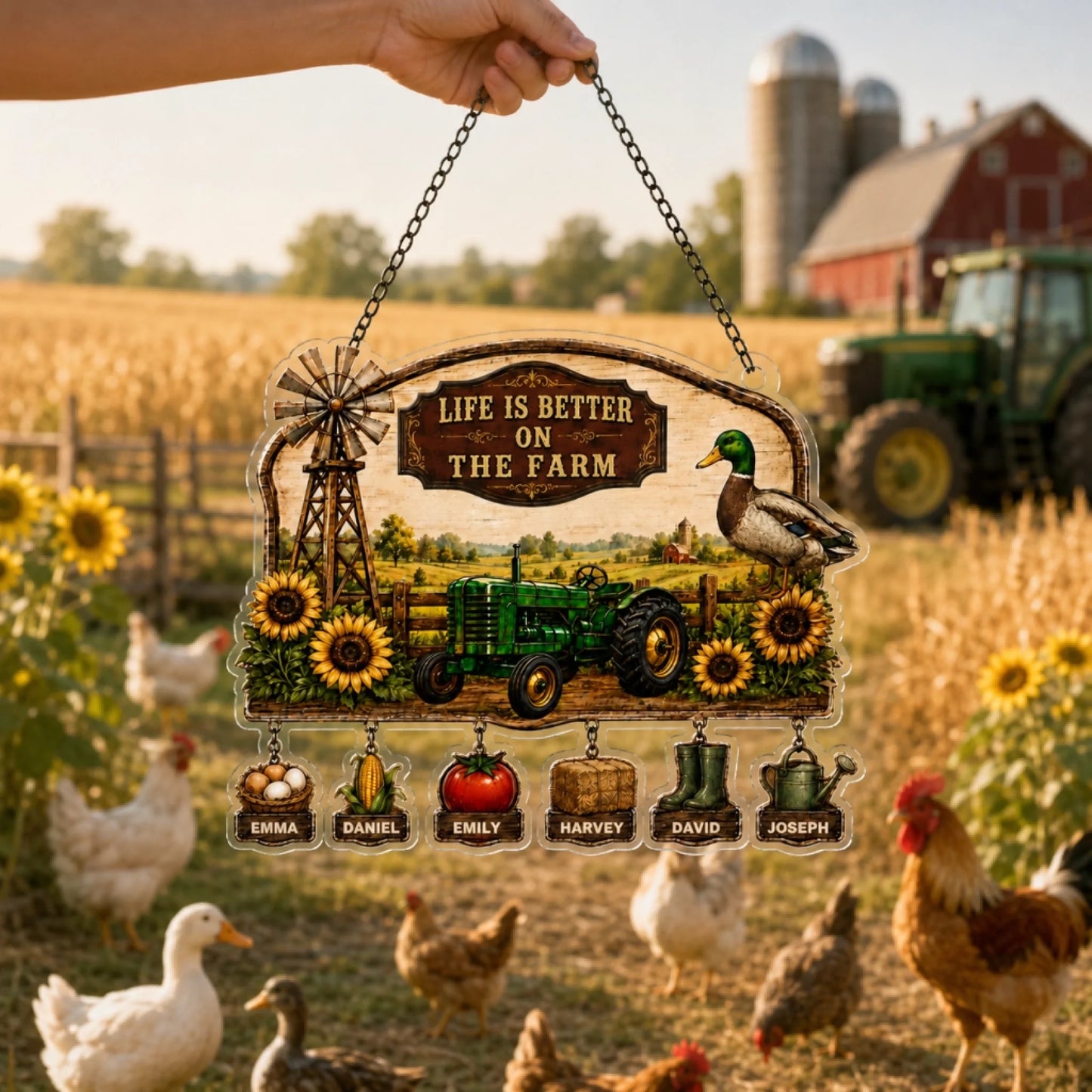 Decorative sign with farm-themed design and personal names, held in front of a farm setting with animals and a tractor.