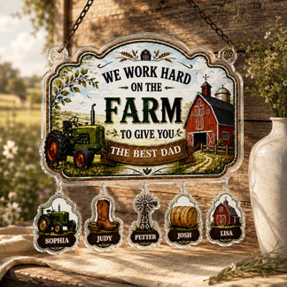 Decorative sign with farm-themed design and personalized names on a rustic background