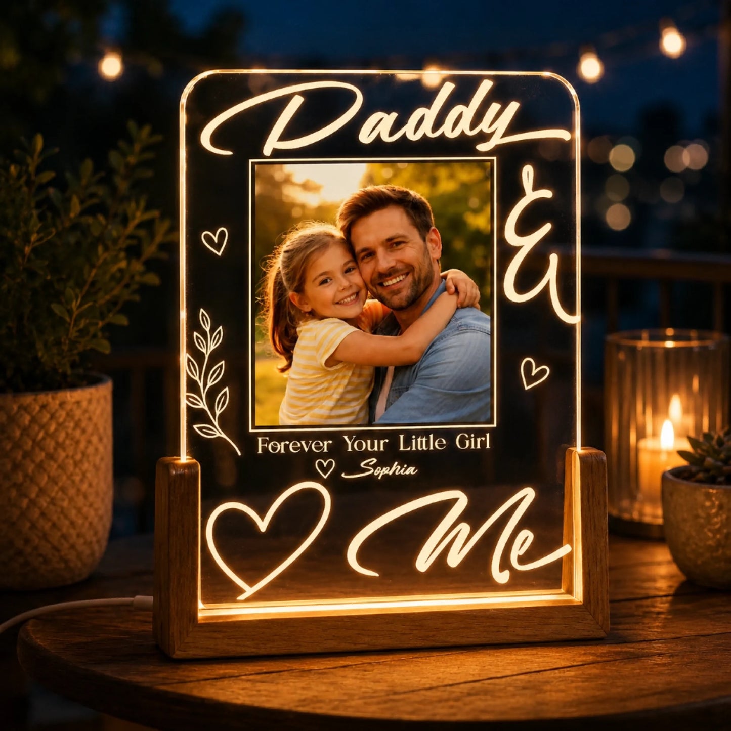 Decorative light sign with a photo of a man and a child, surrounded by decorative elements on a wooden surface.