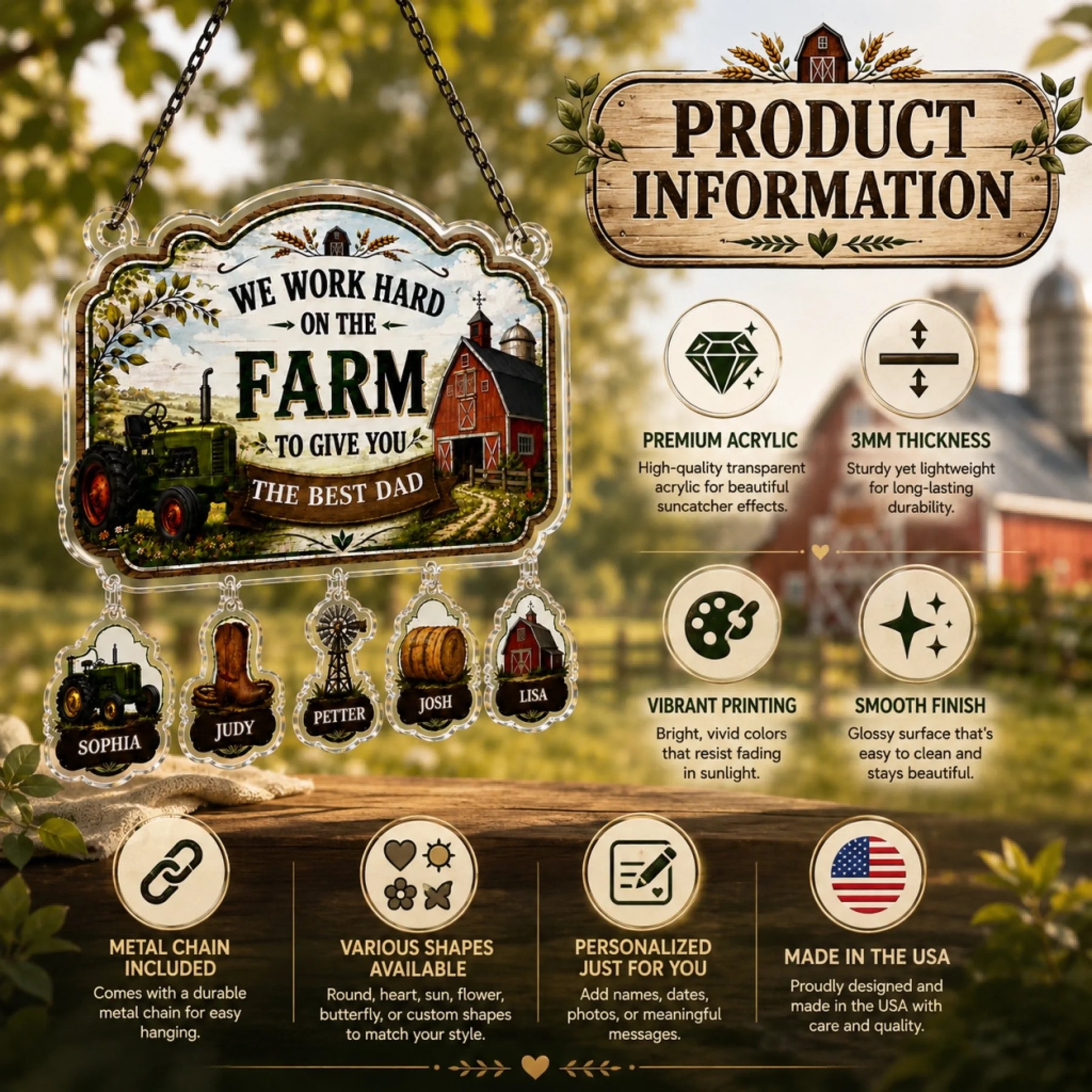 Decorative sign with farm-themed design and product information on a wooden surface.